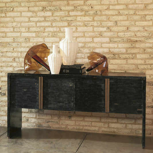 Horn Inlay Console by Global Views in black and antique brass. Made from unique in a modern style.