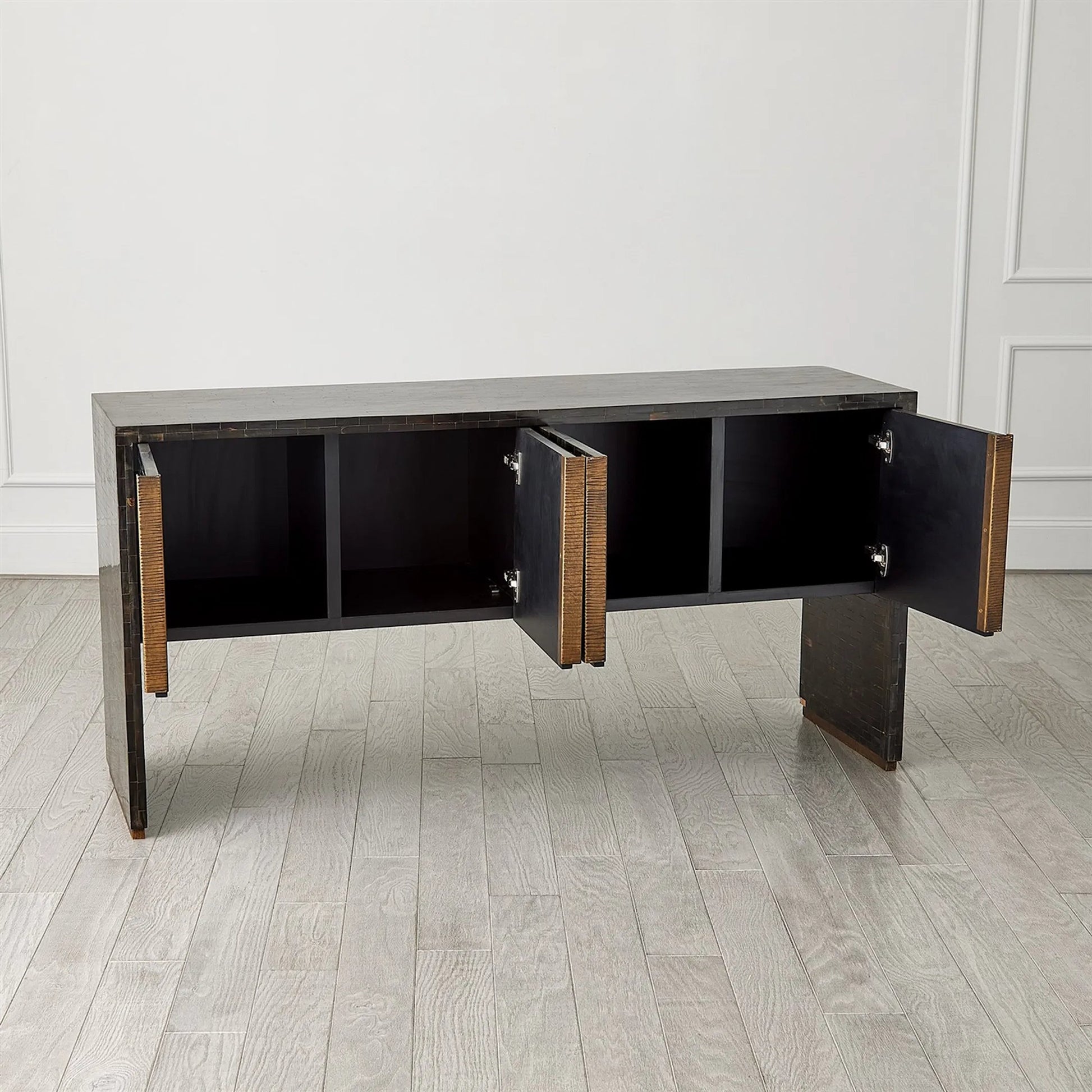 Horn Inlay Console by Global Views in black and antique brass. Made from unique in a modern style.