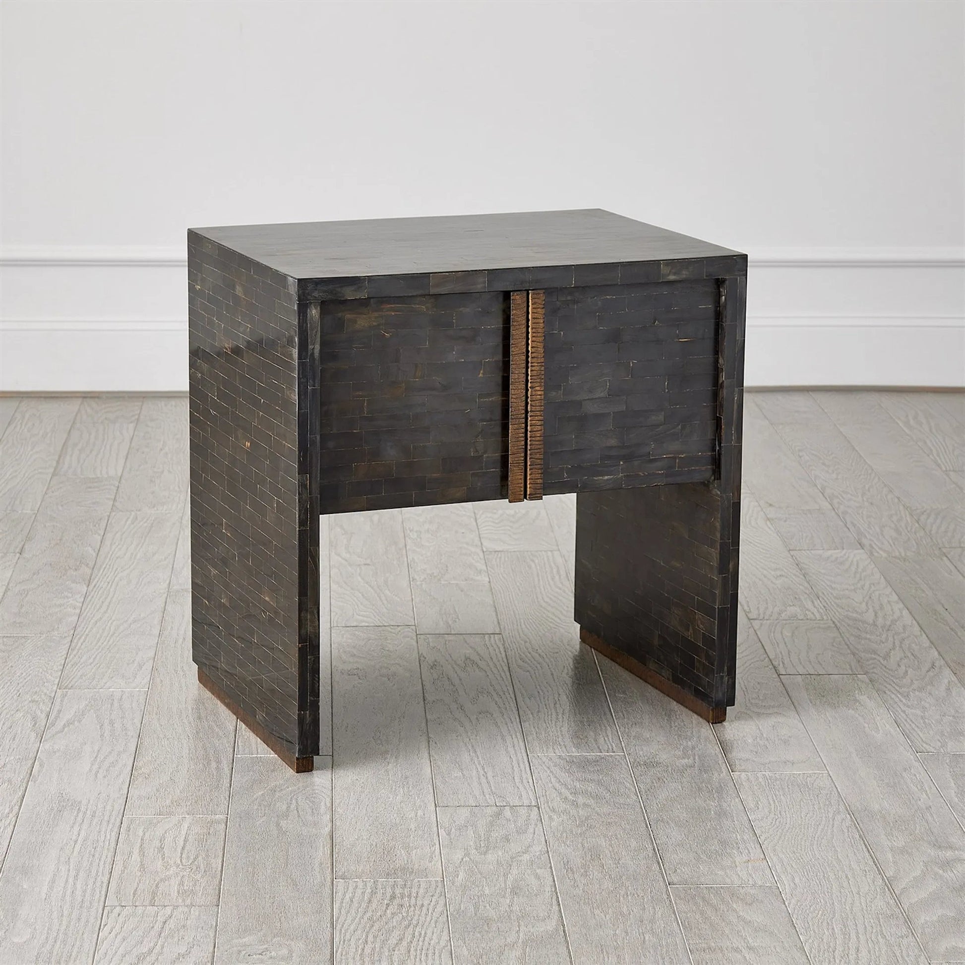 Horn Inlay Bedside Table by Global Views in black and antique brass. Made from unique in a modern style.
