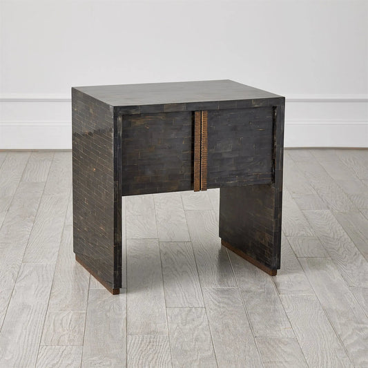 Horn Inlay Bedside Table by Global Views in black and antique brass. Made from unique in a modern style.