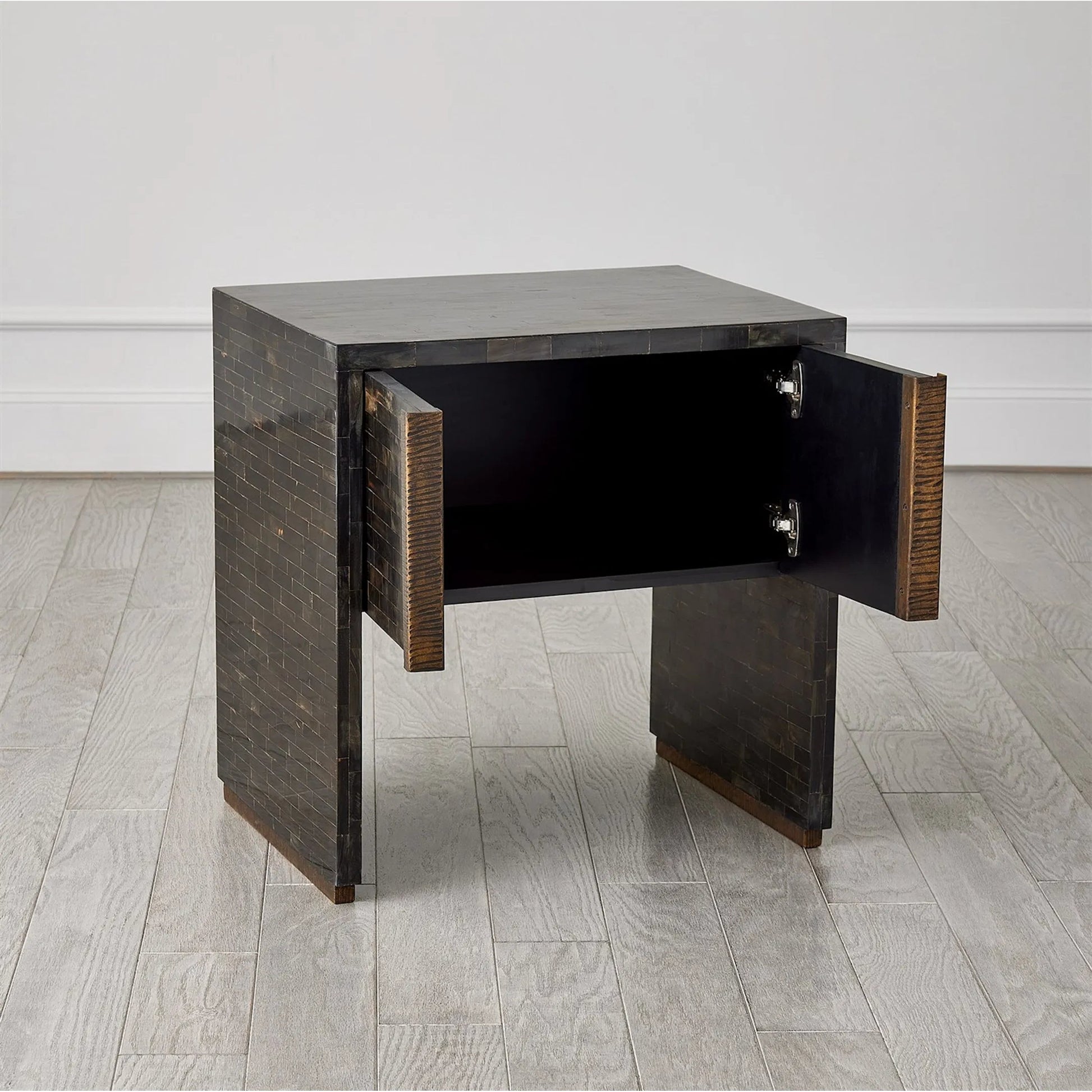 Horn Inlay Bedside Table by Global Views in black and antique brass. Made from unique in a modern style.