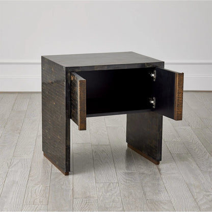 Horn Inlay Bedside Table by Global Views in black and antique brass. Made from unique in a modern style.