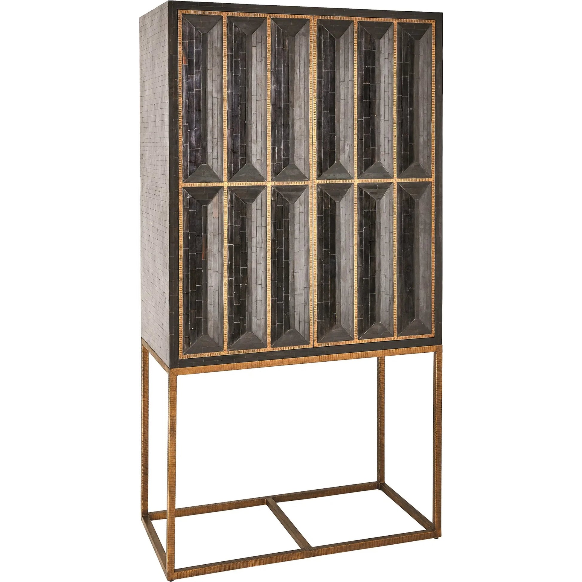 Horn Inlay Bar Cabinet by Global Views in black, antique brass. Made from mdf, buffalo horn cladded, iron, 10mm thick tempered glass, marble in a modern style.