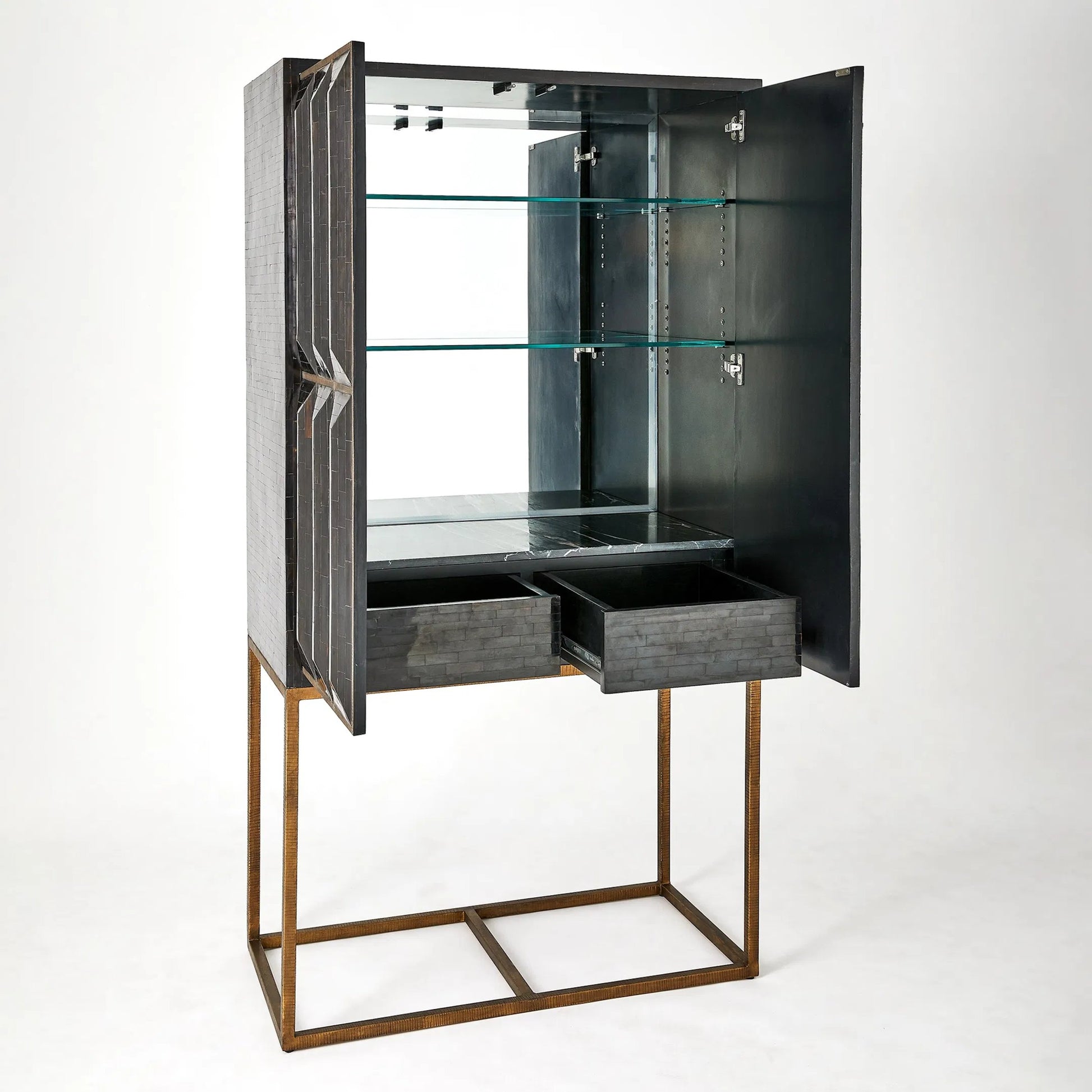 Horn Inlay Bar Cabinet by Global Views in black, antique brass. Made from mdf, buffalo horn cladded, iron, 10mm thick tempered glass, marble in a modern style.