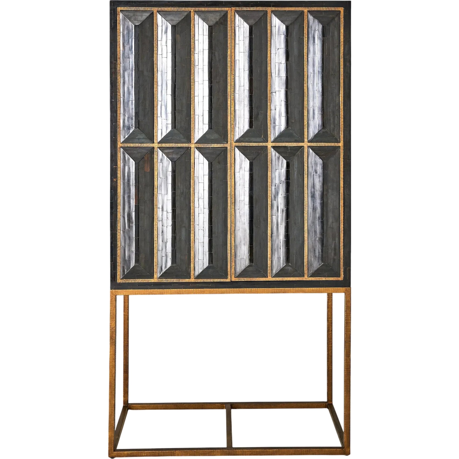 Horn Inlay Bar Cabinet by Global Views in black, antique brass. Made from mdf, buffalo horn cladded, iron, 10mm thick tempered glass, marble in a modern style.