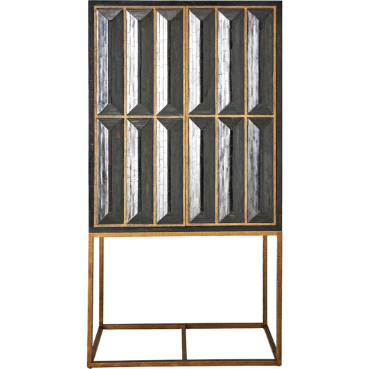 Horn Inlay Bar Cabinet by Global Views in black, antique brass. Made from mdf, buffalo horn cladded, iron, 10mm thick tempered glass, marble in a unique style.