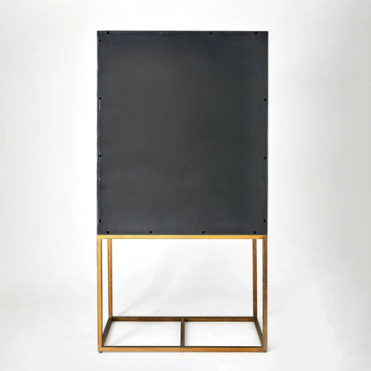 Horn Inlay Bar Cabinet by Global Views in black, antique brass. Made from mdf, buffalo horn cladded, iron, 10mm thick tempered glass, marble in a modern style.