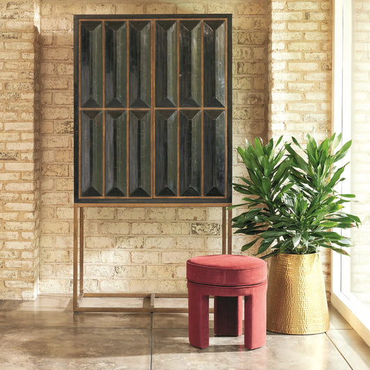 Horn Inlay Bar Cabinet by Global Views in black, antique brass. Made from mdf, buffalo horn cladded, iron, 10mm thick tempered glass, marble in a modern style.