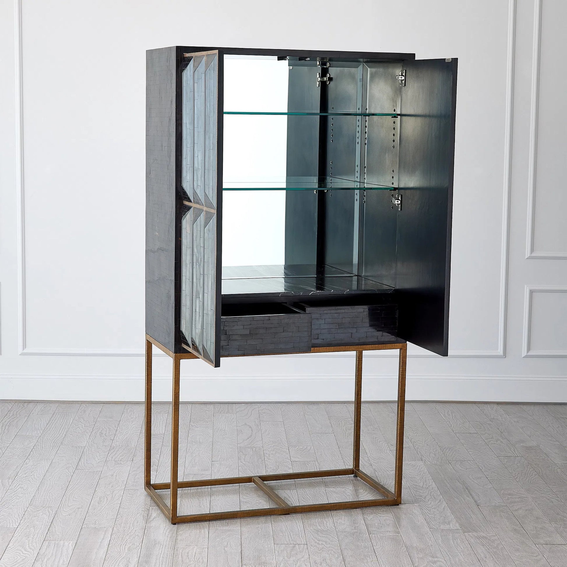Horn Inlay Bar Cabinet by Global Views in black, antique brass. Made from mdf, buffalo horn cladded, iron, 10mm thick tempered glass, marble in a modern style.