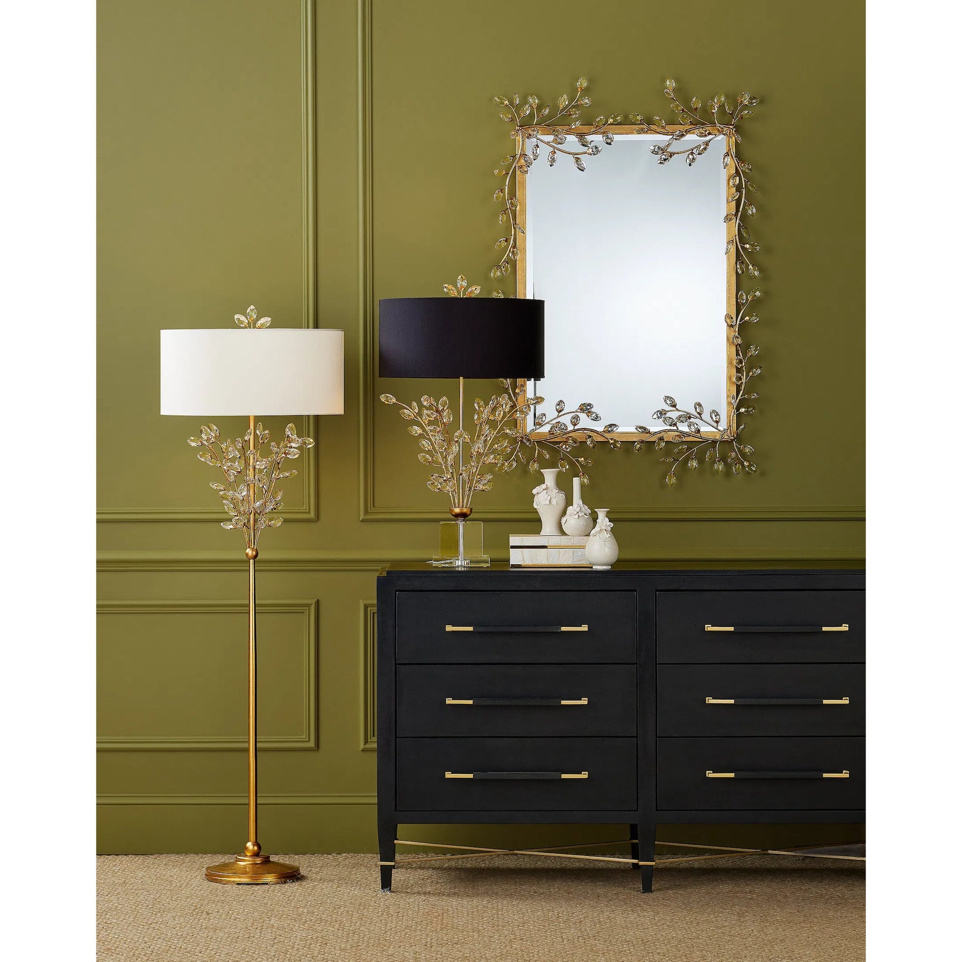 Verona Six-Drawer Chest by Currey and Company in black, natural, champagne, silver. Made from lacquered linen, mahogany, engineered wood, metal, faux velvet in a modern style.