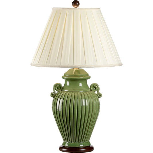 Fluted Jar Lamp by Wildwood in green glaze, dark mahogany, dark mahognay. Made from ceramic, porcelain in a transitional style.