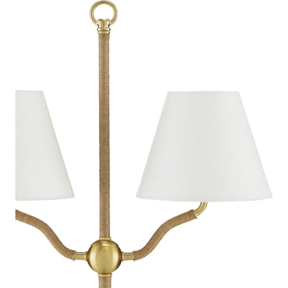 Sirocco Floor Lamp by Currey and Company in antique brass. Made from natural jute rope, metal in a modern style.