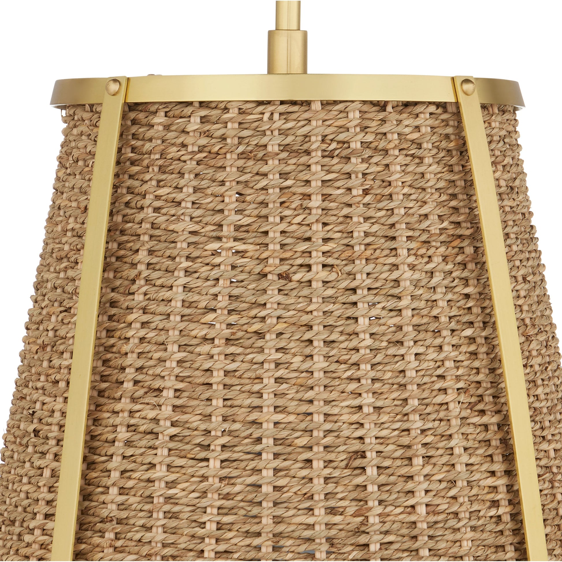 Deauville Pendant by Currey and Company in natural, polished brass. Made from seagrass, metal in a cottage & farmhouse style.
