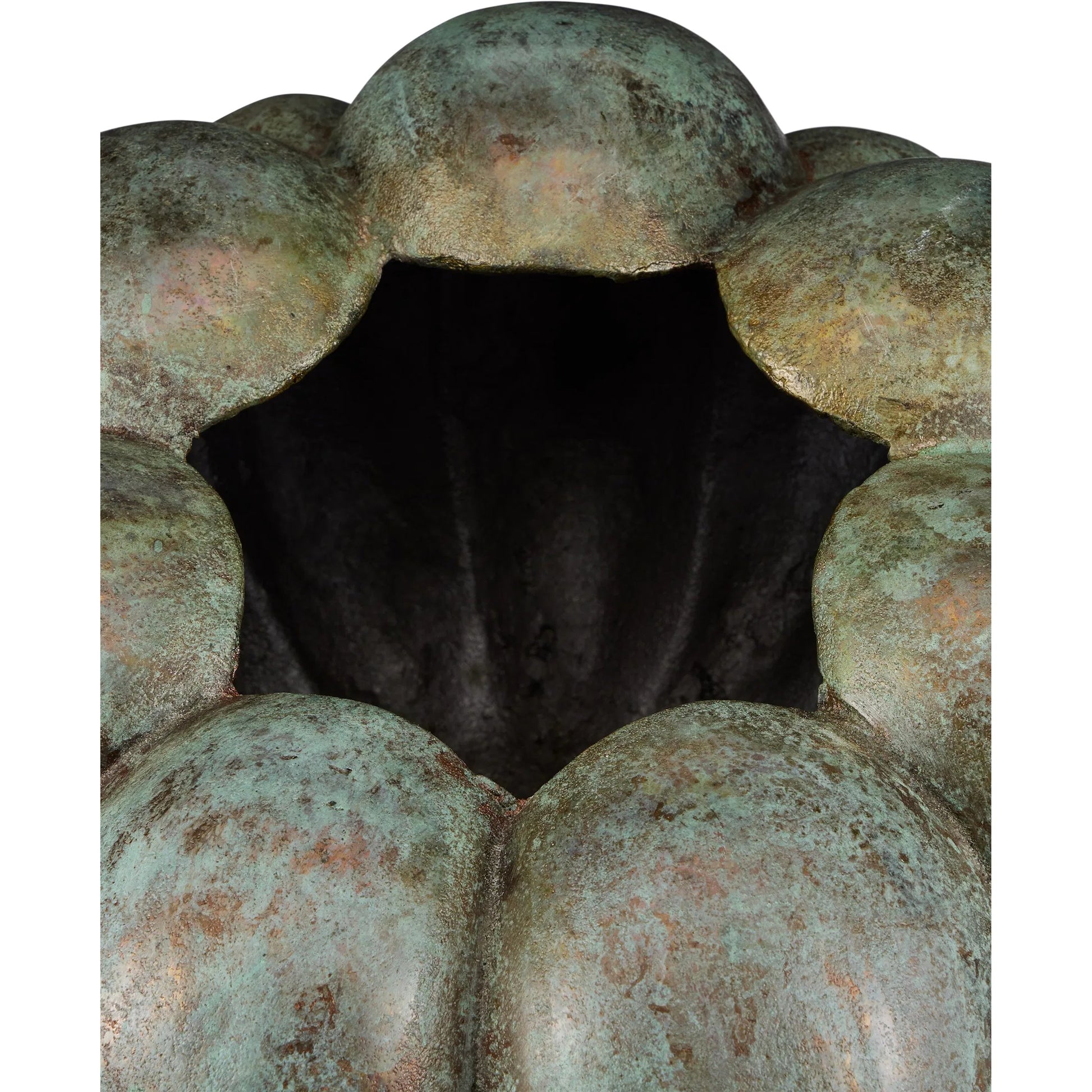 Rotterdam Bowl by Currey and Company in verdigris. Made from cast aluminum in a rustic style.