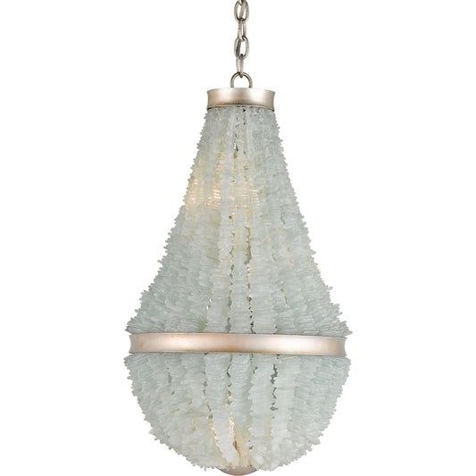 Platea Chandelier by Currey and Company in contemporary silver leaf, seaglass. Made from wrought iron, glass in a coastal style.