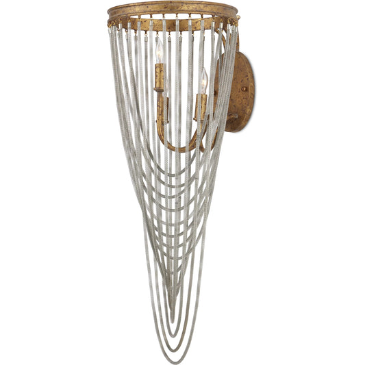 Lucien Wall Sconce by Currey and Company in french gold leaf, iron. Made from wrought iron in a unique style.