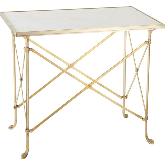 Rectangular Directoire Table by Global Views in brass, white honed marble. Made from white honed marble in a transitional style.