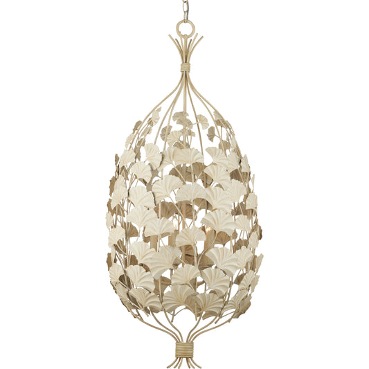 Maidenhair Cream Chandelier by Currey and Company in antique pearl. Made from wrought iron in a modern style.