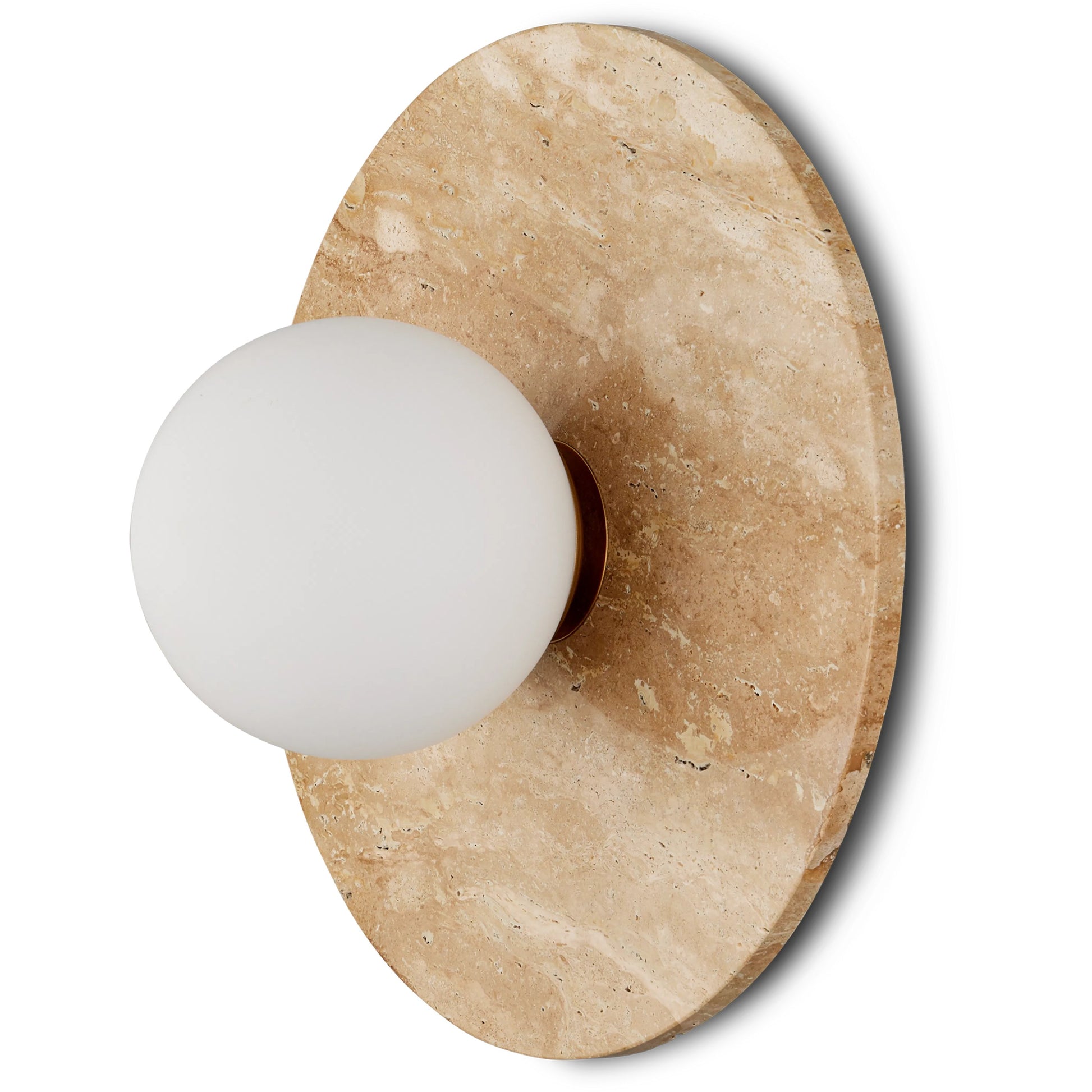 Apricity Wall Sconce by Currey and Company in beige, antique brass, frosted white. Made from travertine, metal, glass in a modern style.