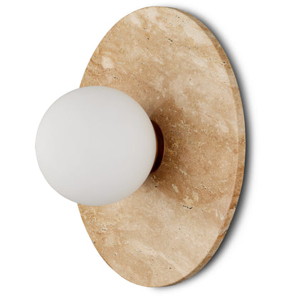 Apricity Wall Sconce by Currey and Company in beige, antique brass, frosted white. Made from travertine, metal, glass in a modern style.