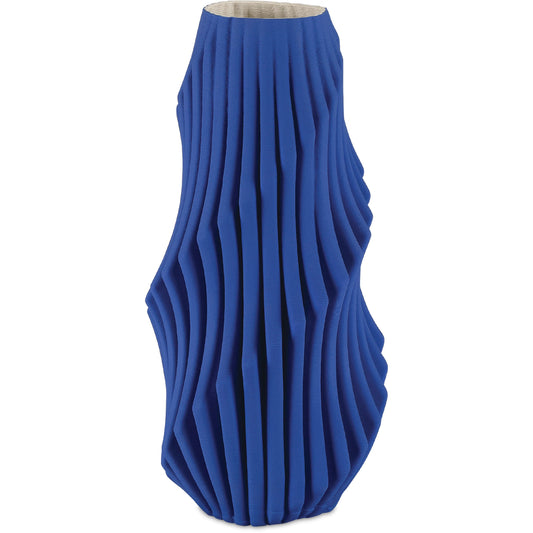Pleat Vase by Currey and Company in cobalt blue. Made from porcelain in a modern style.