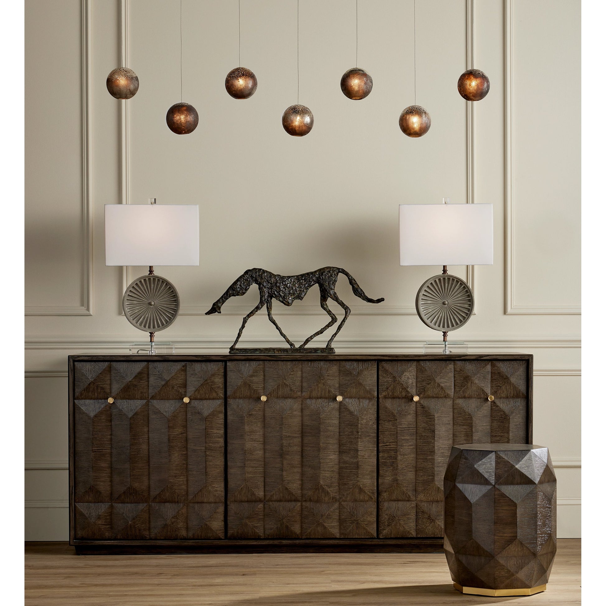 Pathos Rectangular 7-LIGHT Multi-Drop Pendant by Currey and Company in antique silver, antique gold, matte charcoal, silver. Made from glass in a modern style.