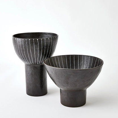 Cinder Footed Bowl I by Global Views in striped. Made from stoneware in a rustic style.