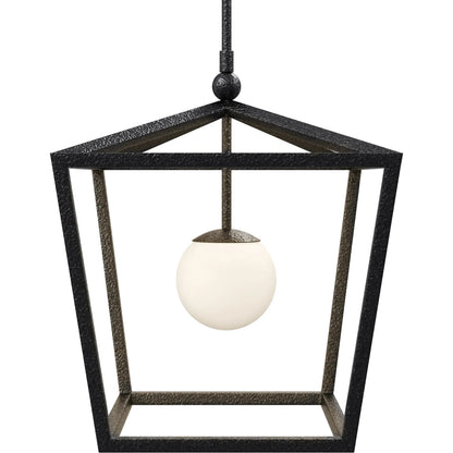 Denison Outdoor Lantern by Currey and Company in black, frosted white. Made from wrought iron, glass in a modern style.