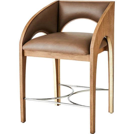 Arches Counter Stool by Global Views in nutmeg, champagne. Made from plywood, veneer, leather, stainless steel in a unique style.