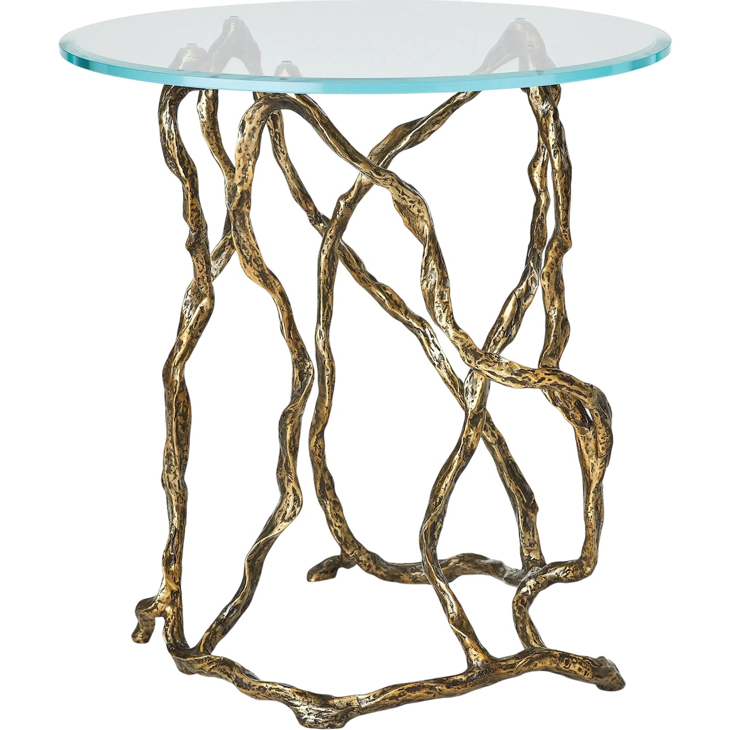 003 SI-2445844 | Primary Silo | Twistwood Side Table by Global Views in antique brass. Made from cast iron, ultra clear tempered glass in a modern style.