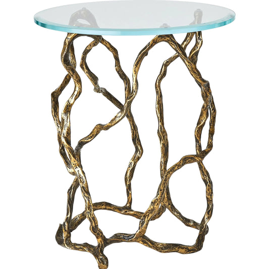 Twistwood Accent Table by Global Views in clear, red and antique brass. Made from unique in a unique style.