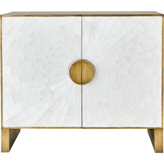 Gypsum Cabinet by Global Views in antique satin brass. Made from mdf, brass, selenite in a modern style.