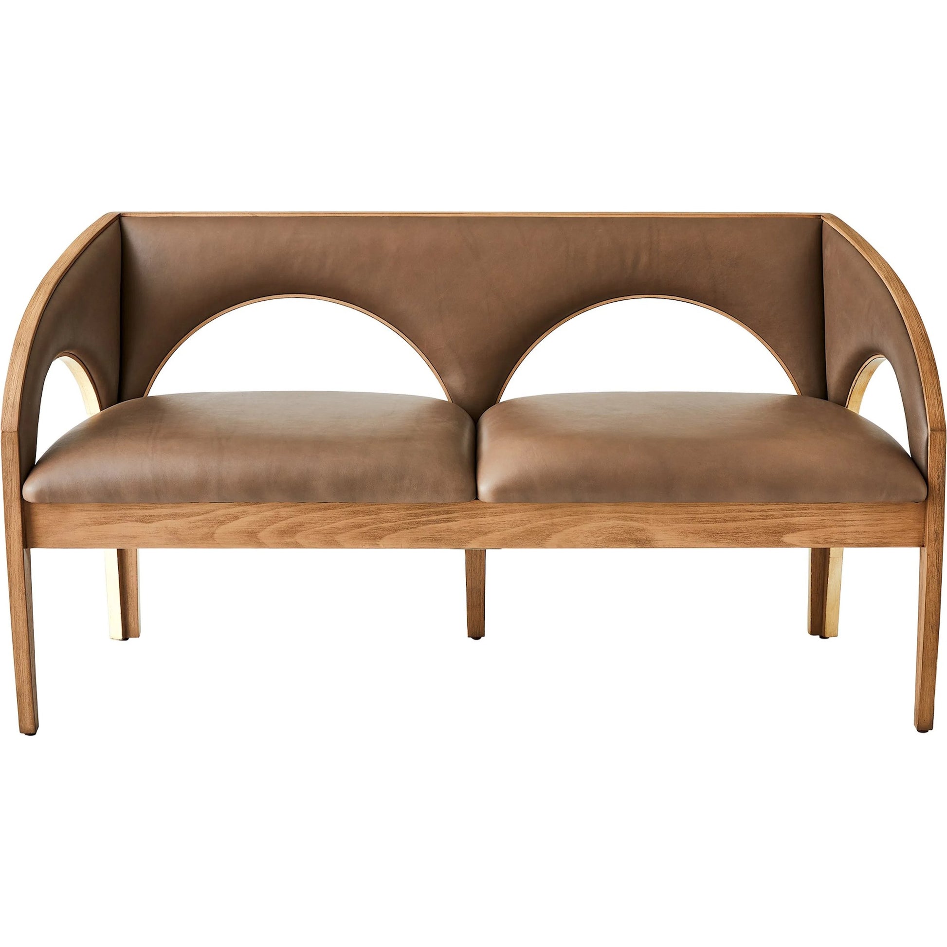 Arches Bench by Global Views in nutmeg, champagne. Made from plywood, veneer, leather in a traditional style.