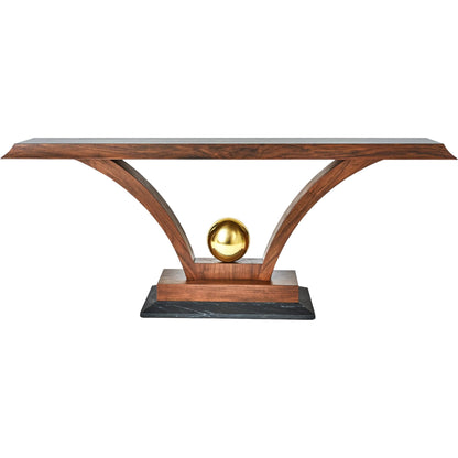 Colby Console by Global Views in walnut, brass. Made from walnut wood, brass, black slate marble in a modern style.