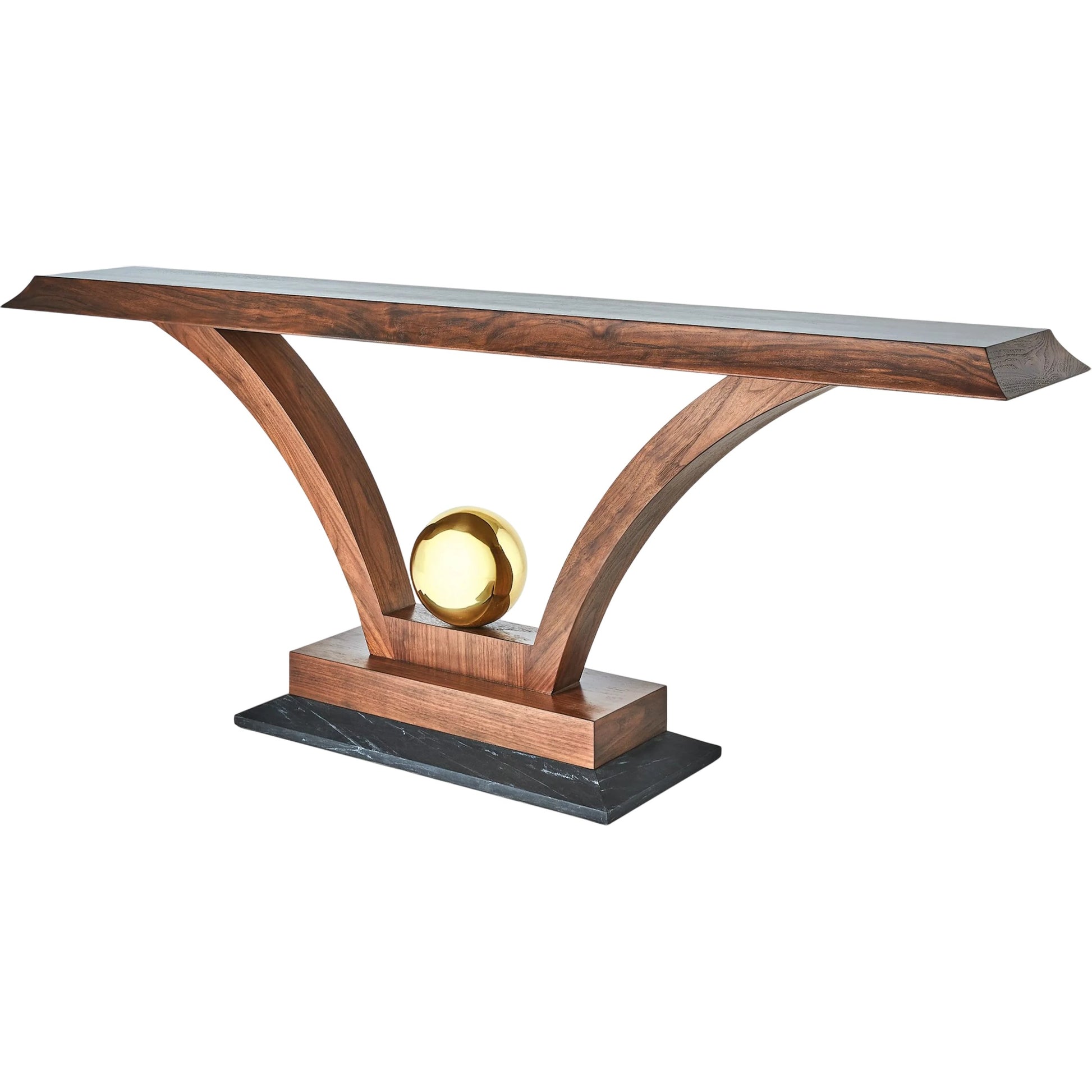Colby Console by Global Views in walnut, brass. Made from walnut wood, brass, black slate marble in a modern style.