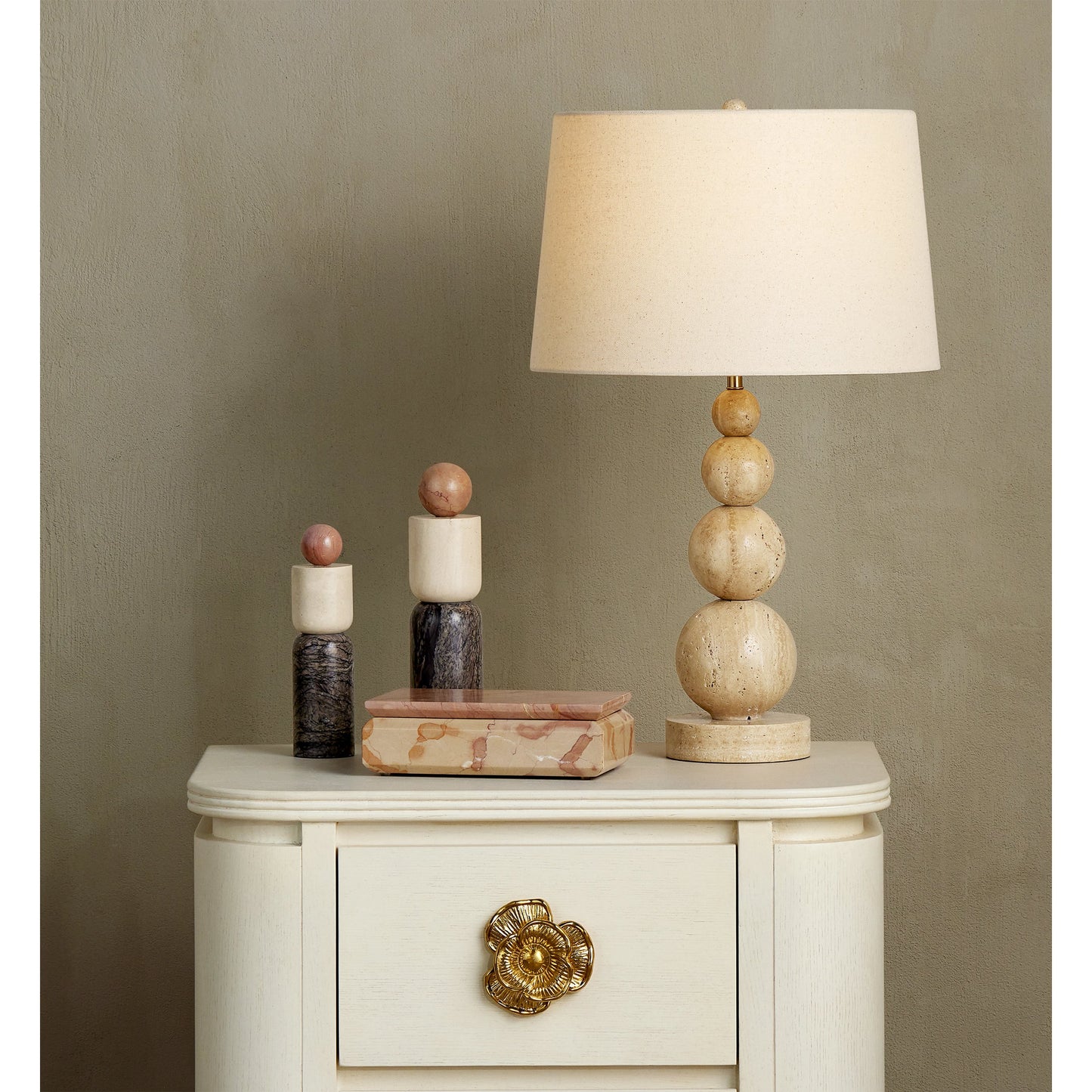 004 SI-2134015 | Lifestyle | Moreno Marble Objects Set by Currey and Company in natural. Made from rosa cappuccino marble, camello neve marble, breccia marble in a modern style.