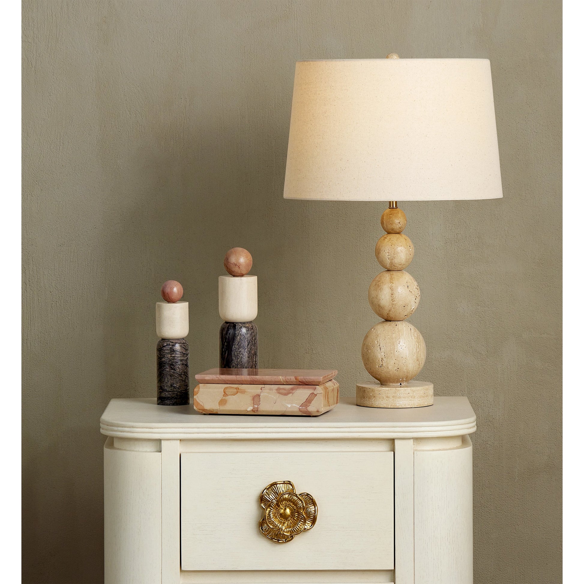 Moreno Marble Objects Set by Currey and Company in natural. Made from rosa cappuccino marble, camello neve marble, breccia marble in a modern style.