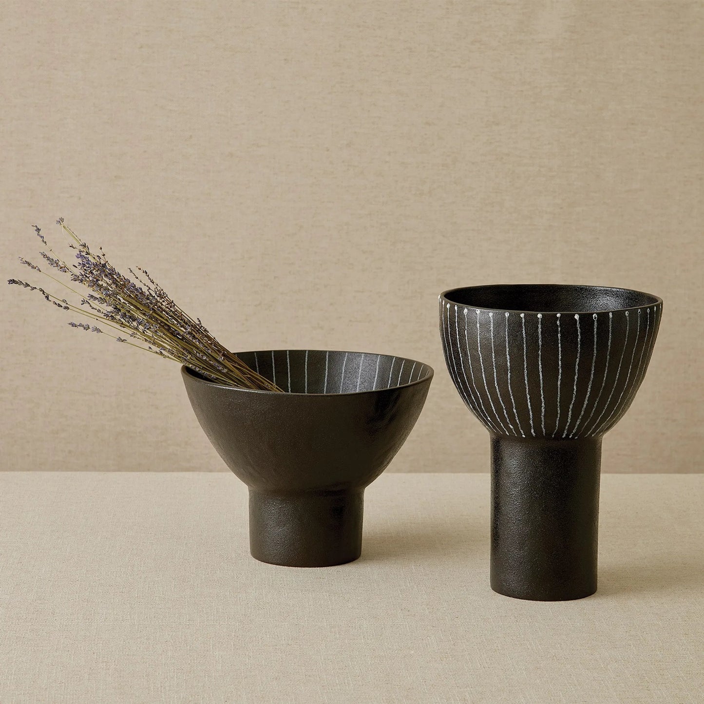 004 SI-2445710,SI-2445711 | Lifestyle | Cinder Footed Bowl I by Global Views in striped. Made from stoneware in a rustic style.