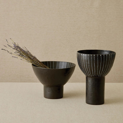 Cinder Footed Bowl I by Global Views in striped. Made from stoneware in a rustic style.