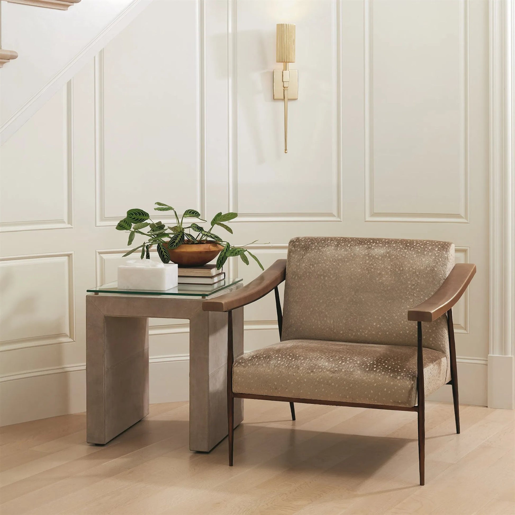 Posh Side Table by Global Views. Made from mdf, hair on leather, brass, tempered glass in a transitional style.