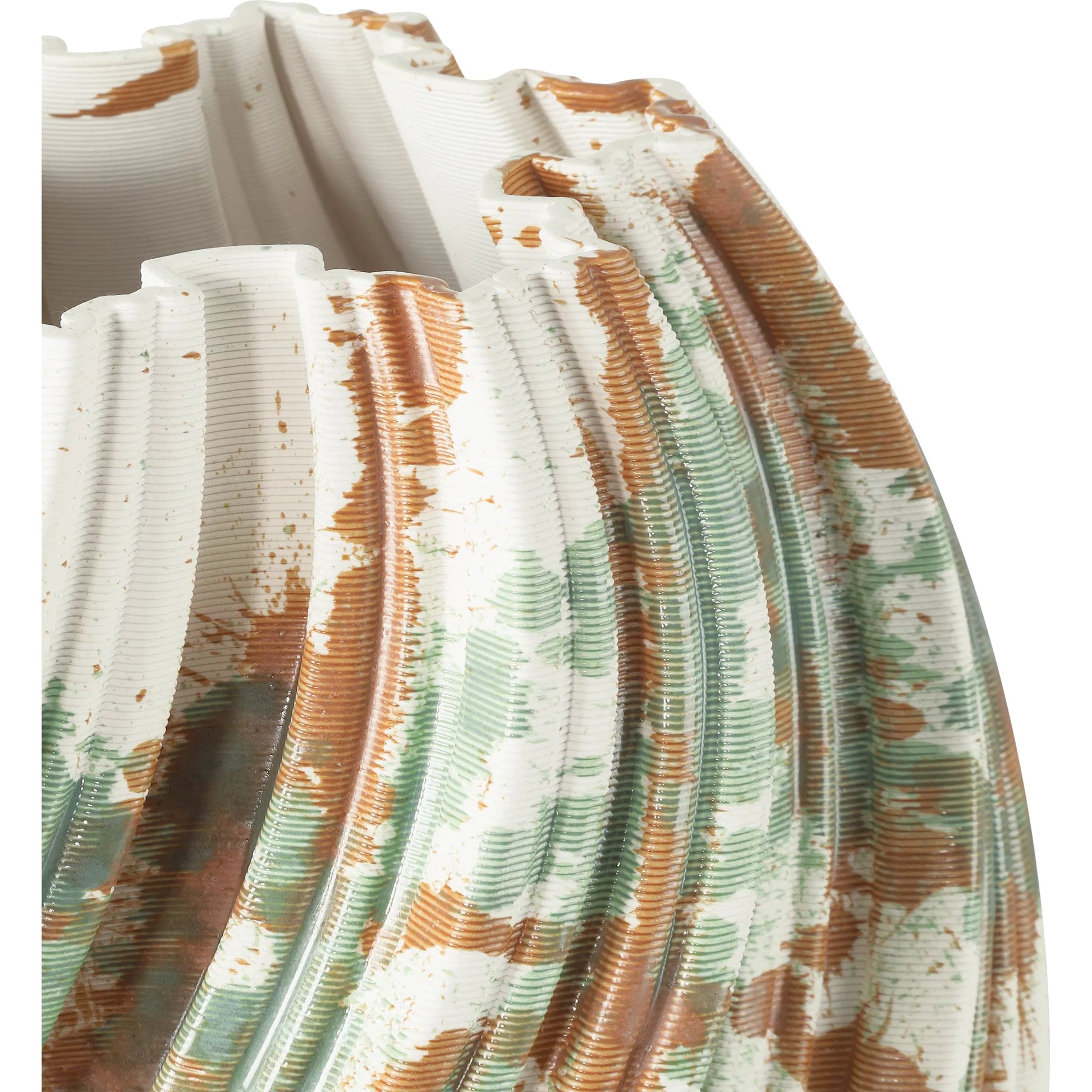 Camouflage Vase by Currey and Company in green, brown, off-white. Made from porcelain in a modern style.