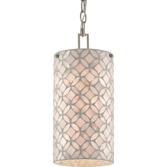 Ellison Pendant by Currey and Company in pearl, antique silver leaf. Made from mother of pearl, metal, glass in a modern style.