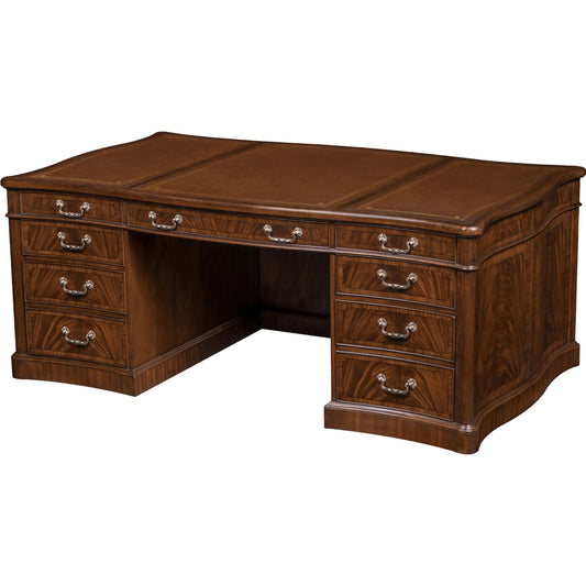 Sanders Desk by Maitland-Smith in crotch mahogany, antique brown leather. Made from unique in a unique style.