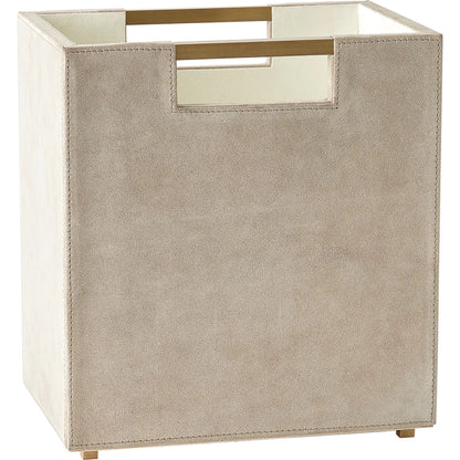 Posh Wastebasket by Global Views. Made from mdf, cloth polysuede, brass in a unique style.