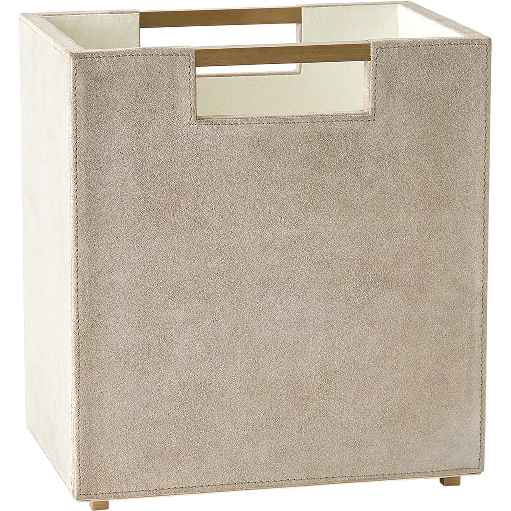 Posh Wastebasket by Global Views in antique brass. Made from mdf, cloth polysuede, brass in a eclectic & global style.