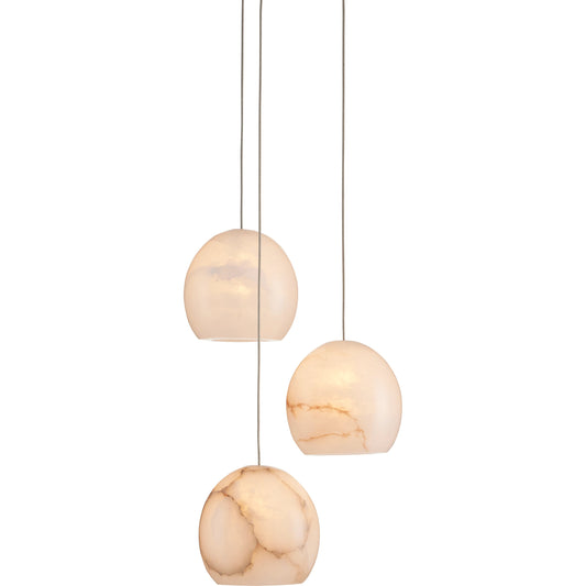Lazio 3-LIGHT Multi-Drop Pendant by Currey and Company in natural, painted silver. Made from alabaster, metal in a transitional style.