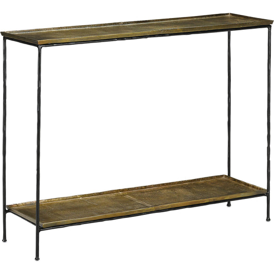 Boyles Console Table by Currey and Company in black iron, antique brass. Made from iron, cast aluminum in a traditional style.
