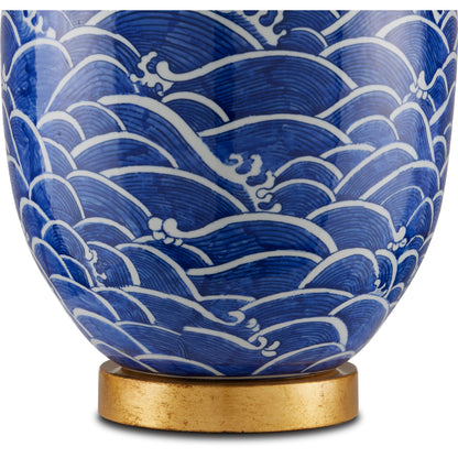 Nami Table Lamp by Currey and Company in blue, white, gold leaf. Made from porcelain, metal in a coastal style.