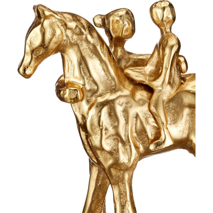 Dujardin Equestrian Sculpture by Currey and Company in gold. Made from cast aluminum in a unique style.