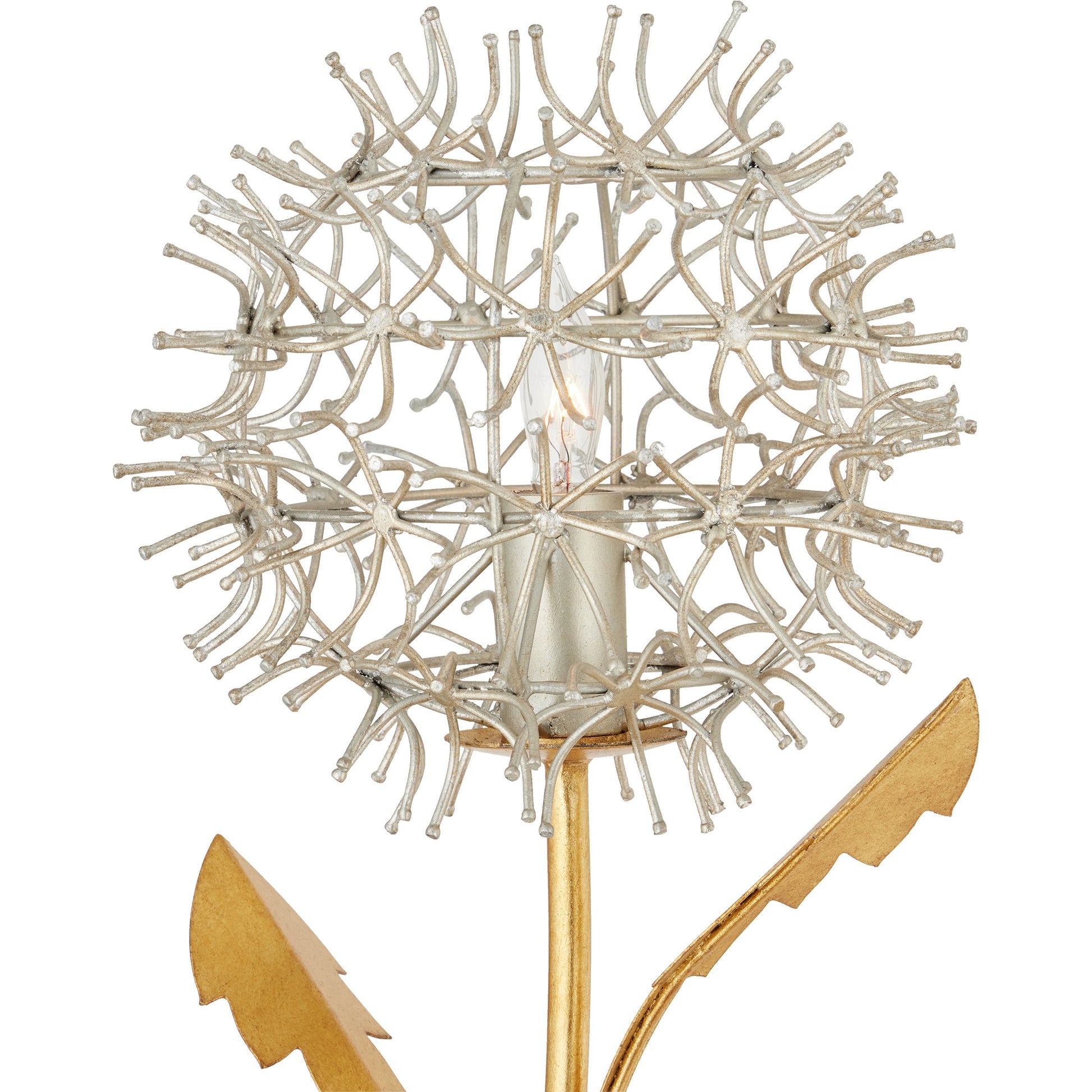 Dandelion Wall Sconce by Currey and Company in contemporary silver leaf, silver, contemporary gold leaf. Made from wrought iron in a modern style.